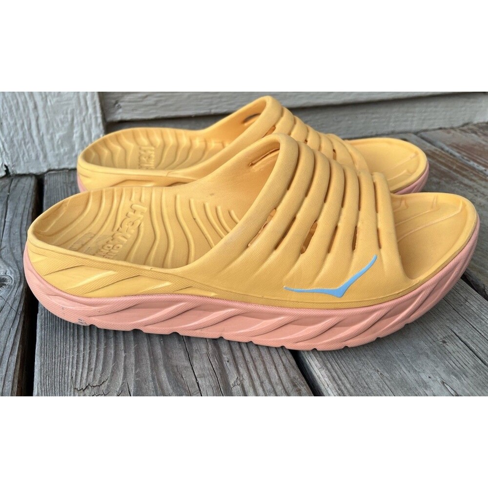 Hoka One One Ora Women's 11 Men's 9 Recovery Slides Amber Yellow/Shell Coral - Picture 2 of 15